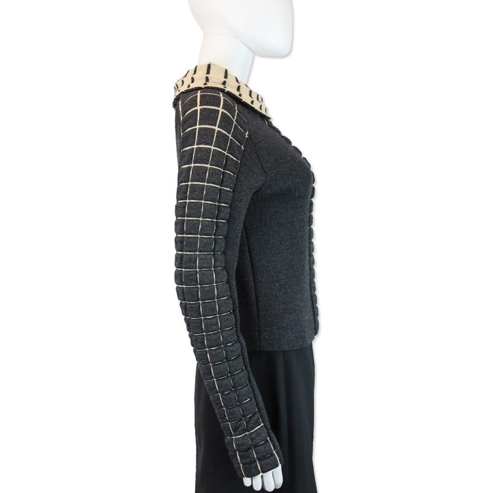 Chanel Charcoal Grey and Beige Chocolate Bar Wool Knit Turtleneck Sweater
