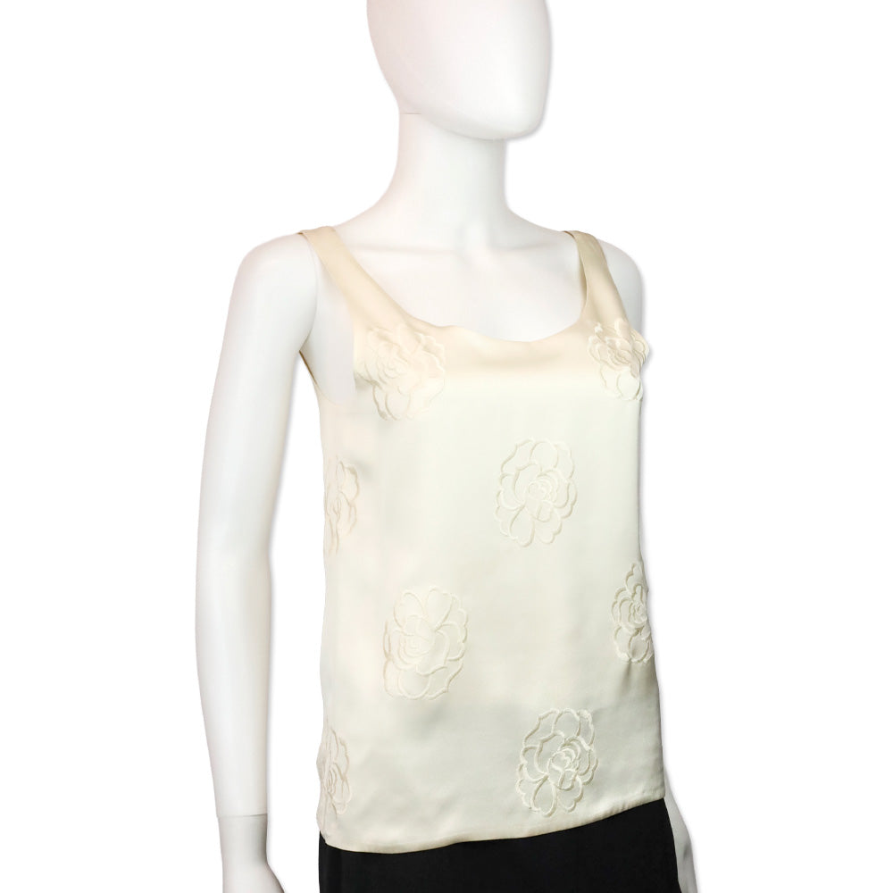 Chanel Cream Camellia Embroidered Silk Sleeveless Top
