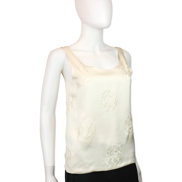 Chanel Cream Camellia Embroidered Silk Sleeveless Top