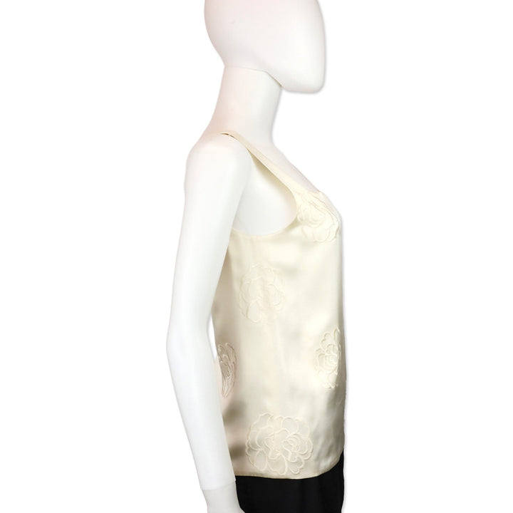 Chanel Cream Camellia Embroidered Silk Sleeveless Top