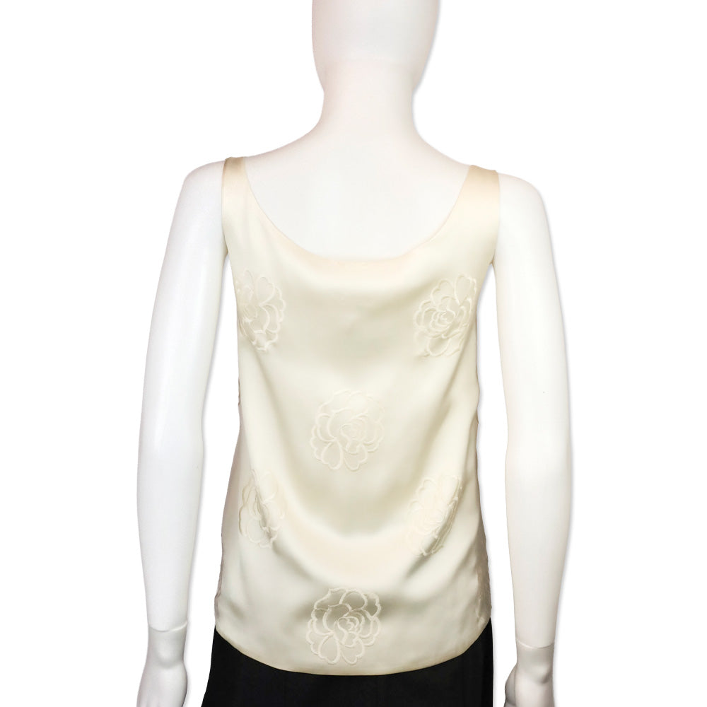 Chanel Cream Camellia Embroidered Silk Sleeveless Top