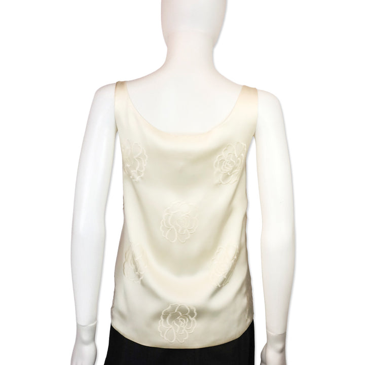 Chanel Cream Camellia Embroidered Silk Sleeveless Top