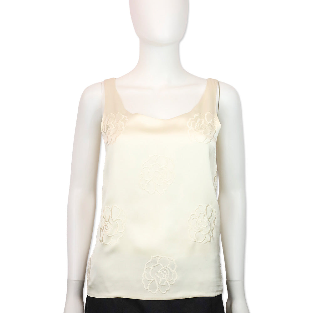 Chanel Cream Camellia Embroidered Silk Sleeveless Top