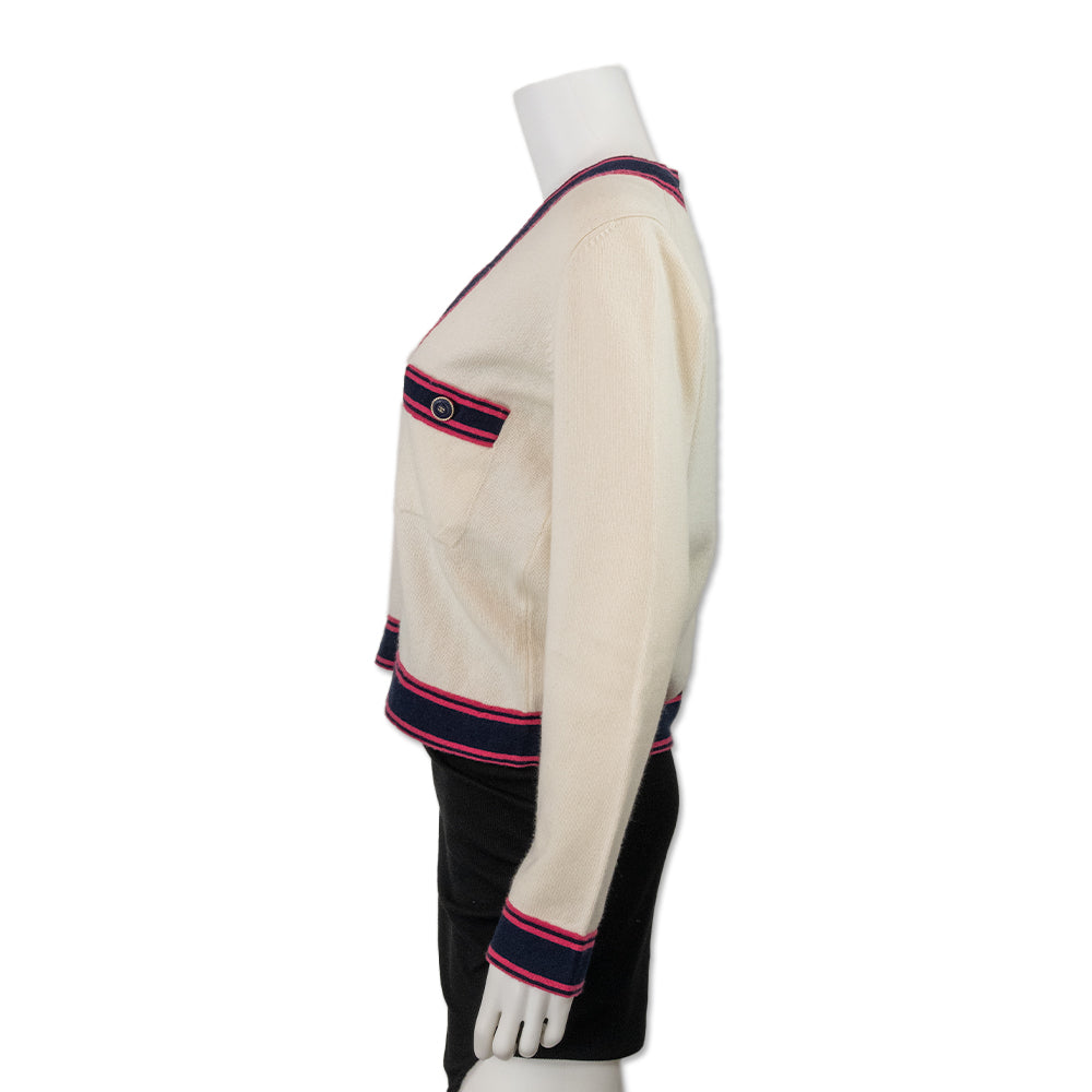 Chanel Cream Knit Cashmere Cardigan with Blue and Pink Stripes