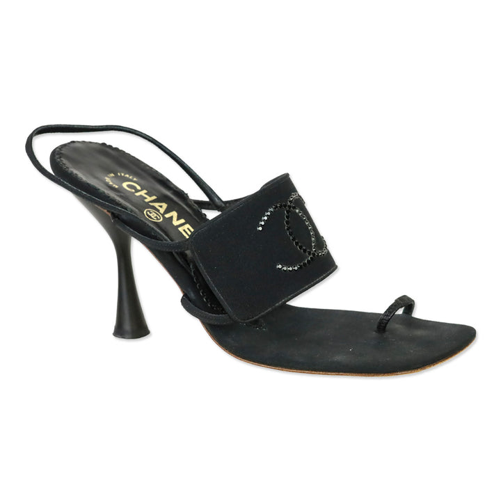 Chanel Cruise 2001 Black Crystal Logo Slingback Sandals