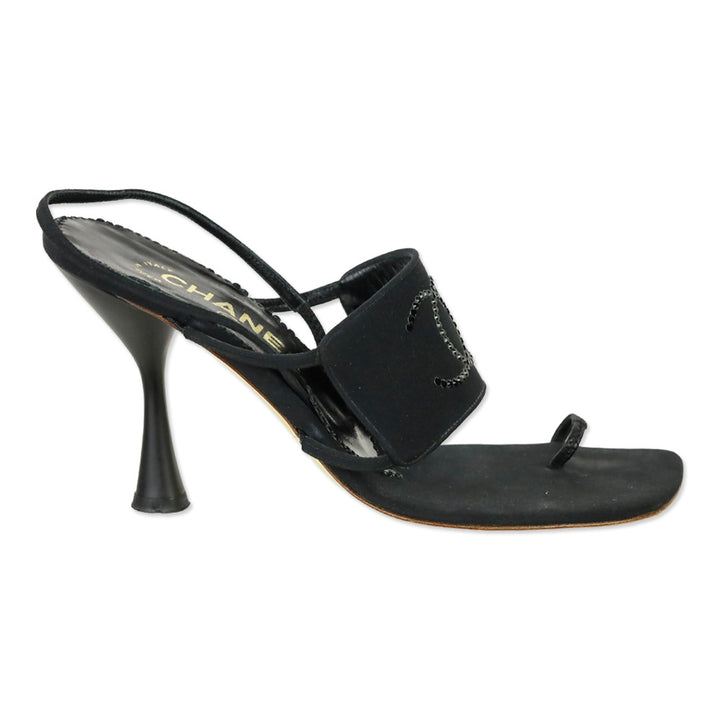 Chanel Cruise 2001 Black Crystal Logo Slingback Sandals