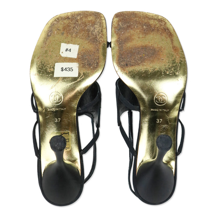 Chanel Cruise 2001 Black Crystal Logo Slingback Sandals