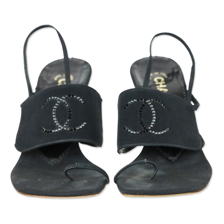 Chanel Cruise 2001 Black Crystal Logo Slingback Sandals