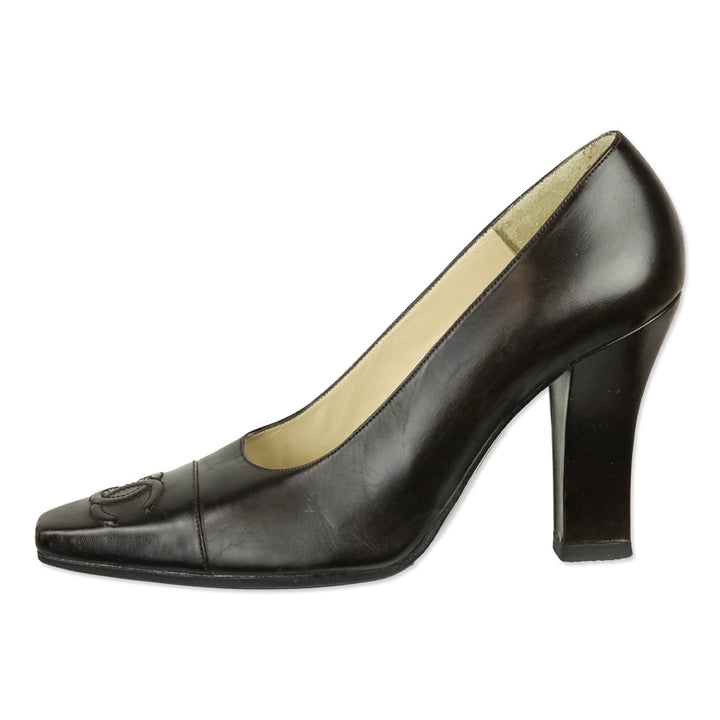 Chanel Dark Brown Leather CC Cap Toe Pumps