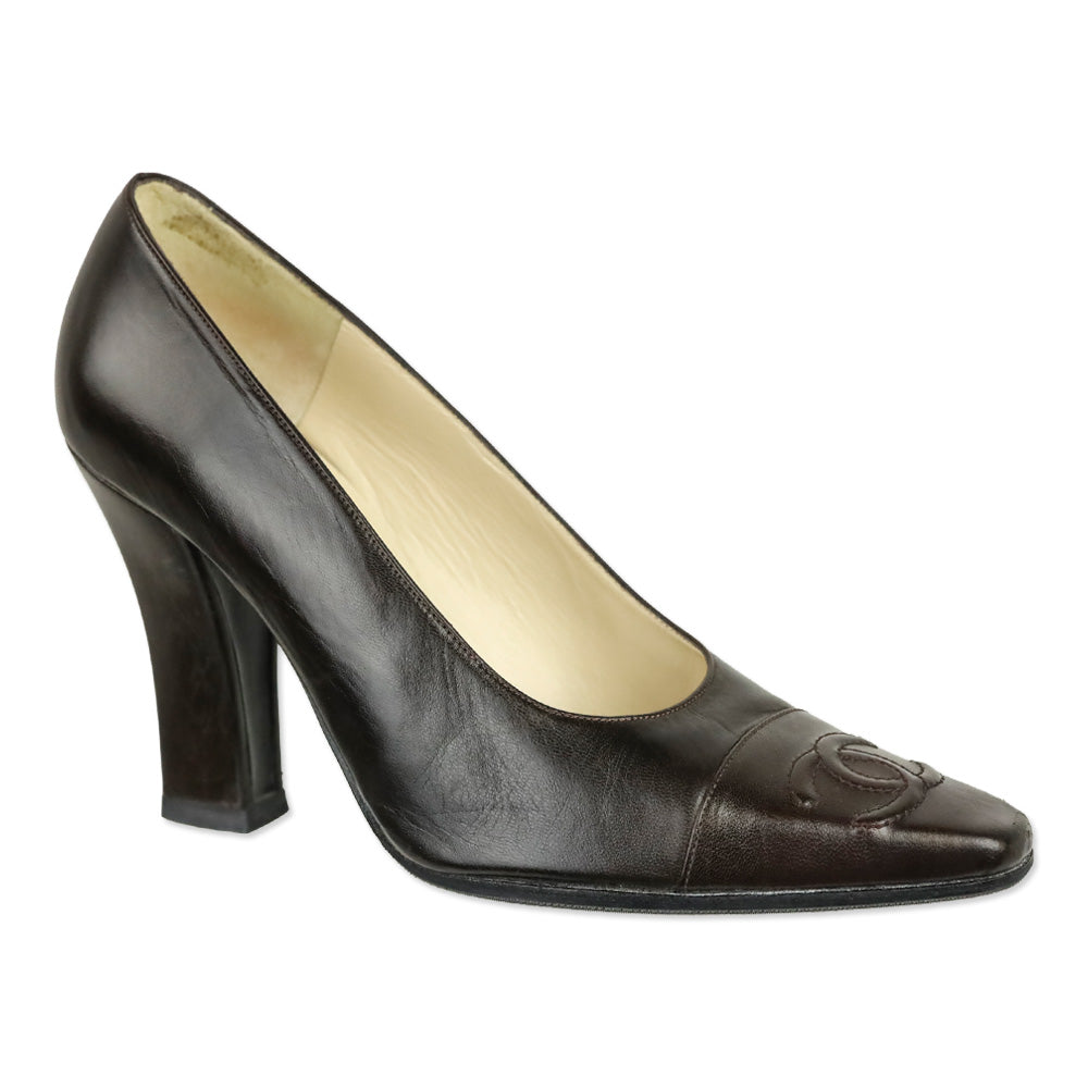 Chanel Dark Brown Leather CC Cap Toe Pumps
