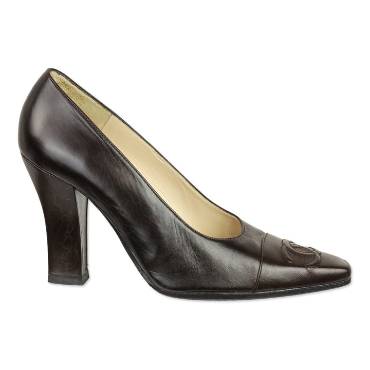 Chanel Dark Brown Leather CC Cap Toe Pumps