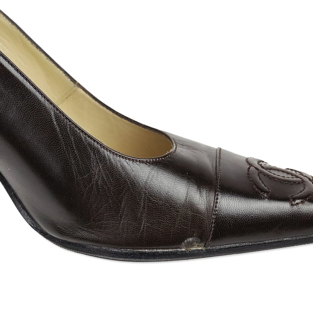 Chanel Dark Brown Leather CC Cap Toe Pumps