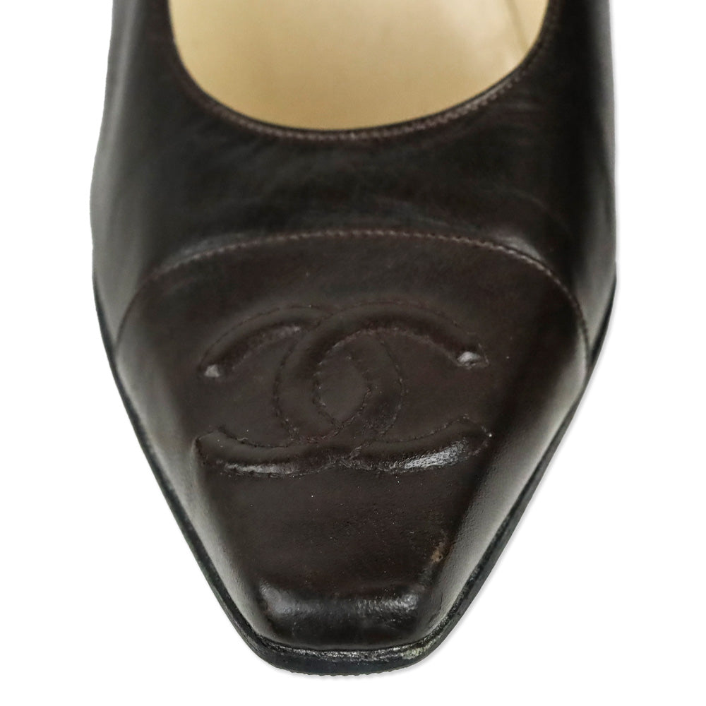 Chanel Dark Brown Leather CC Cap Toe Pumps