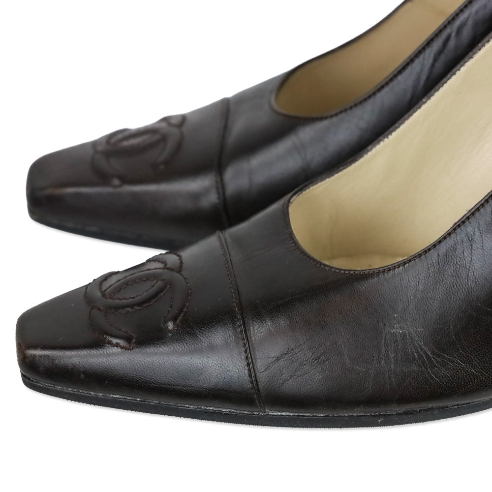 Chanel Dark Brown Leather CC Cap Toe Pumps