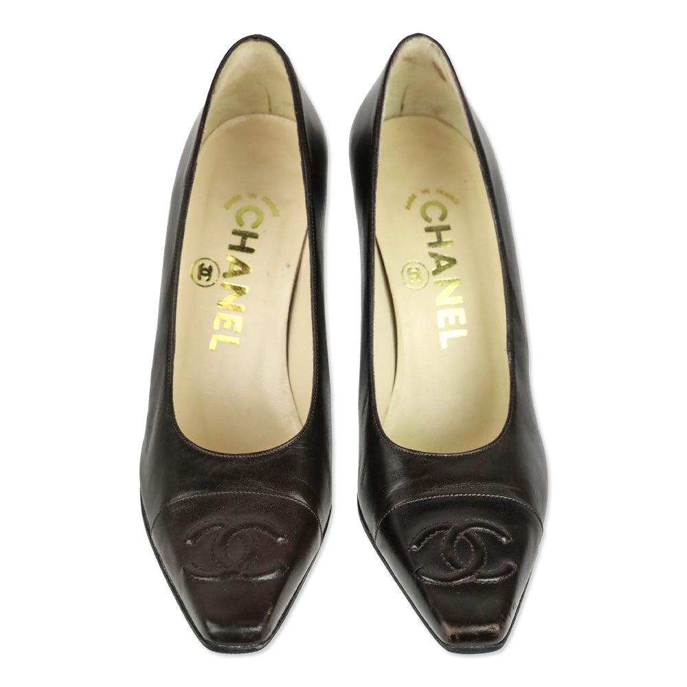 Chanel Dark Brown Leather CC Cap Toe Pumps