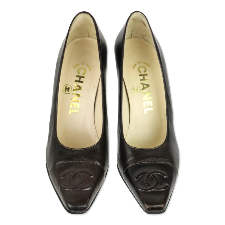 Chanel Dark Brown Leather CC Cap Toe Pumps