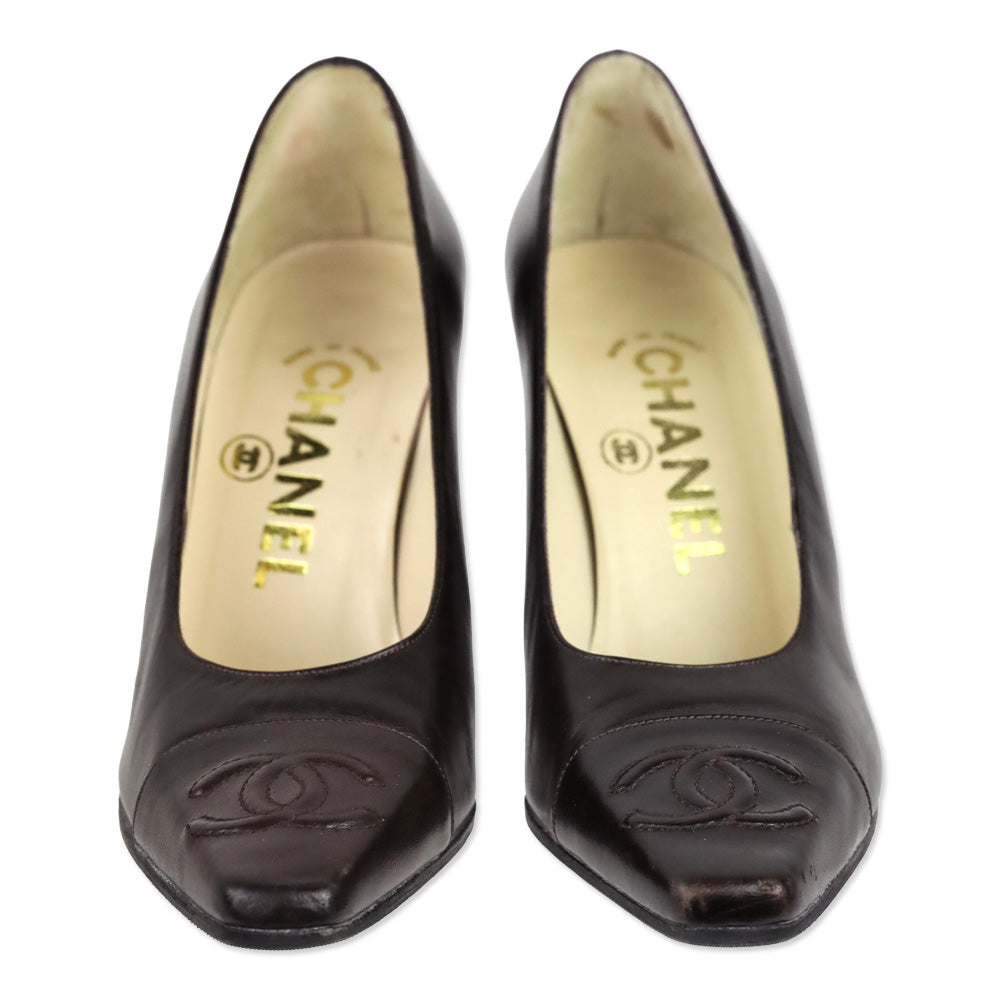 Chanel Dark Brown Leather CC Cap Toe Pumps