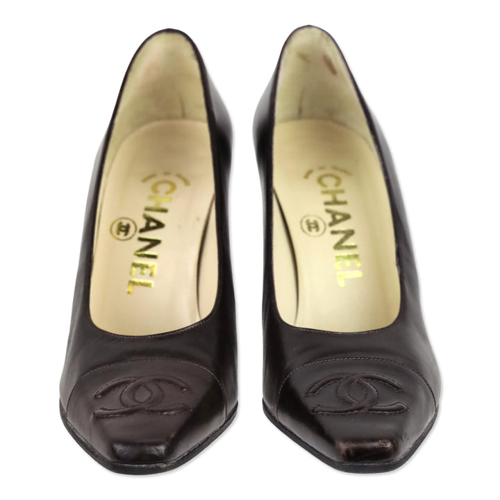 Chanel Dark Brown Leather CC Cap Toe Pumps