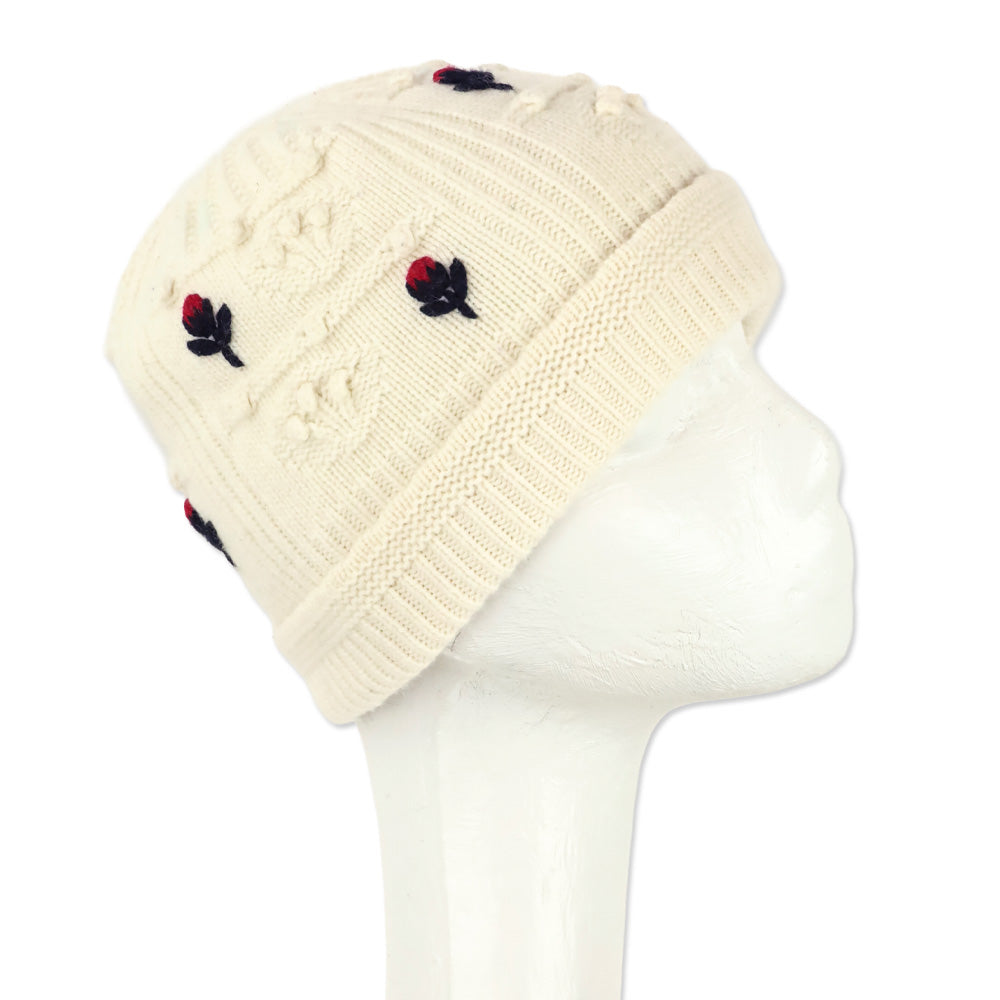 Chanel Ecru/Red/Navy Cashmere Flower Beanie