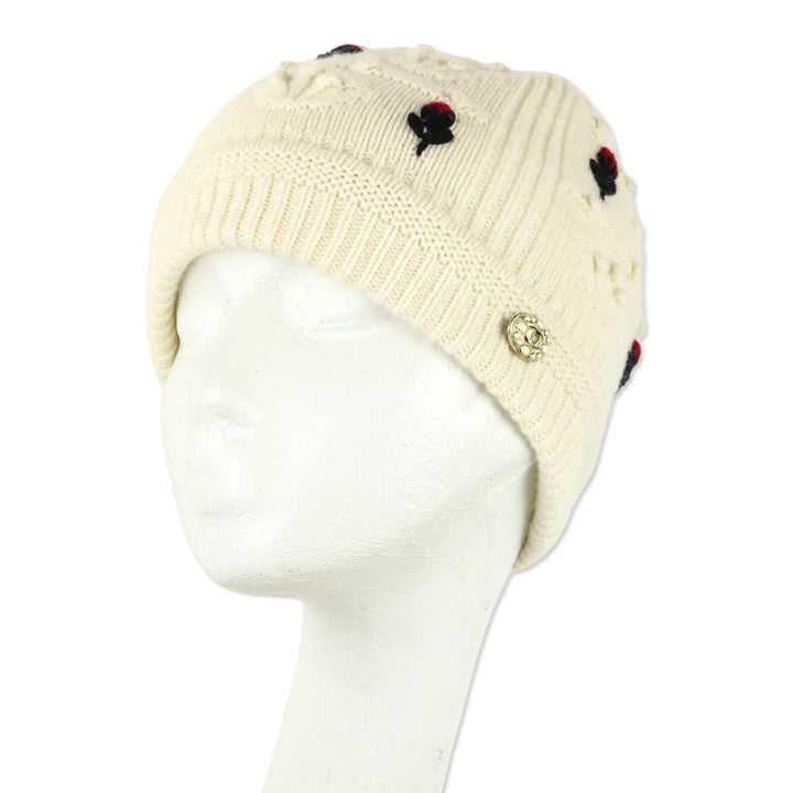 Chanel Ecru/Red/Navy Cashmere Flower Beanie
