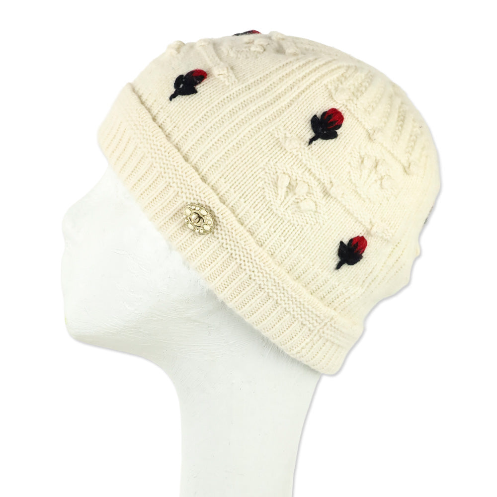 Chanel Ecru/Red/Navy Cashmere Flower Beanie