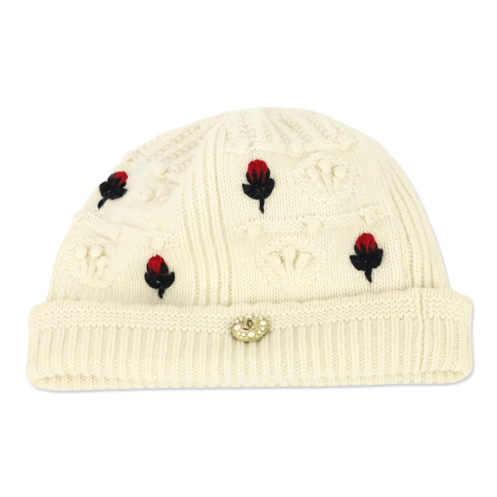 Chanel Ecru/Red/Navy Cashmere Flower Beanie