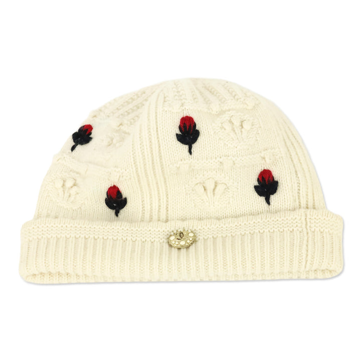 Chanel Ecru/Red/Navy Cashmere Flower Beanie
