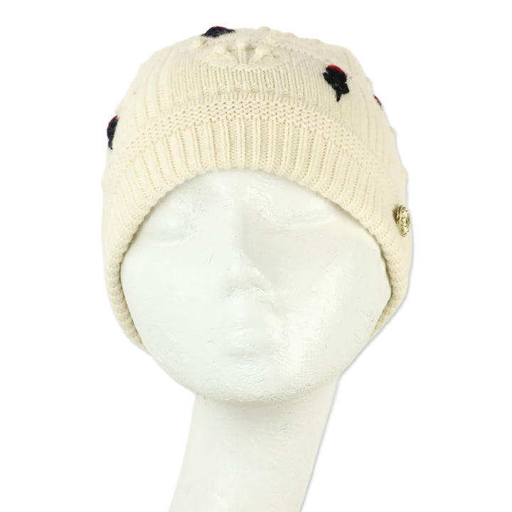Chanel Ecru/Red/Navy Cashmere Flower Beanie