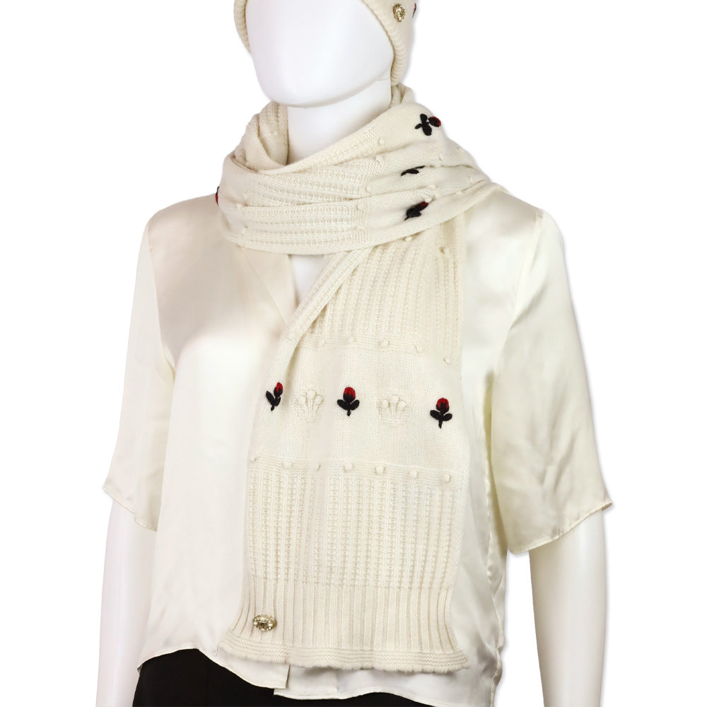 Chanel Ecru/Red/Navy Cashmere Flower Scarf