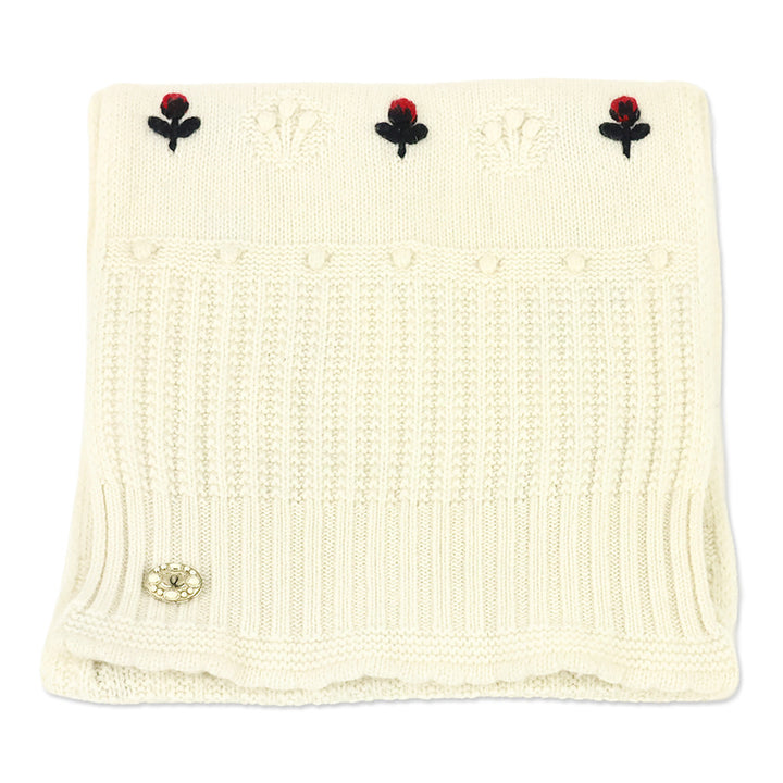Chanel Ecru/Red/Navy Cashmere Flower Scarf