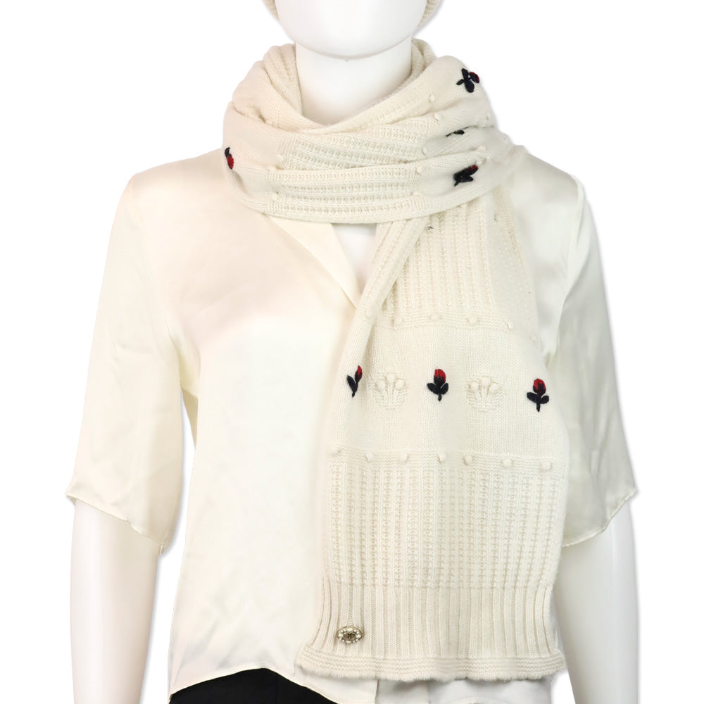 Chanel Ecru/Red/Navy Cashmere Flower Scarf
