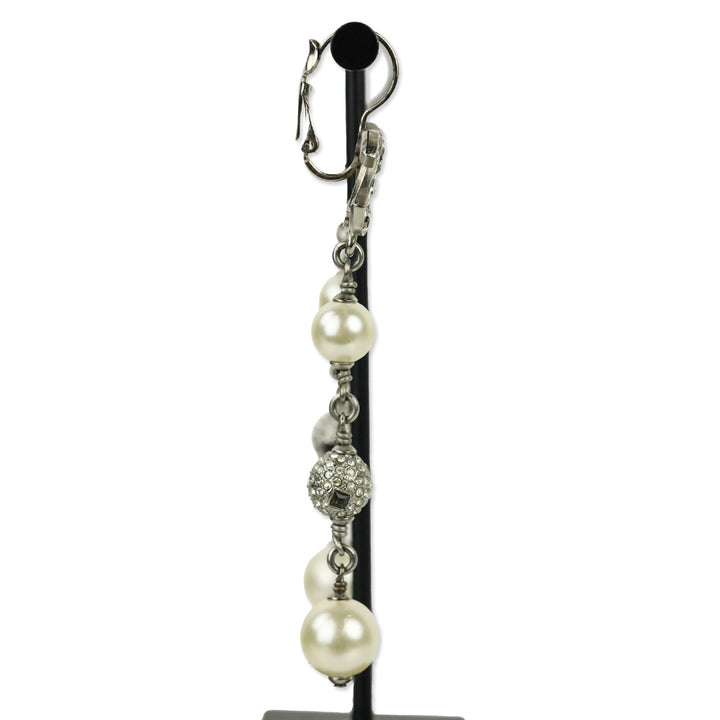Chanel Faux Pearl & Strass CC Drop Silver Tone Earrings