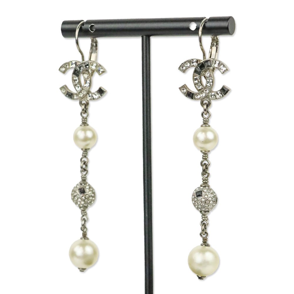 Chanel Faux Pearl & Strass CC Drop Silver Tone Earrings