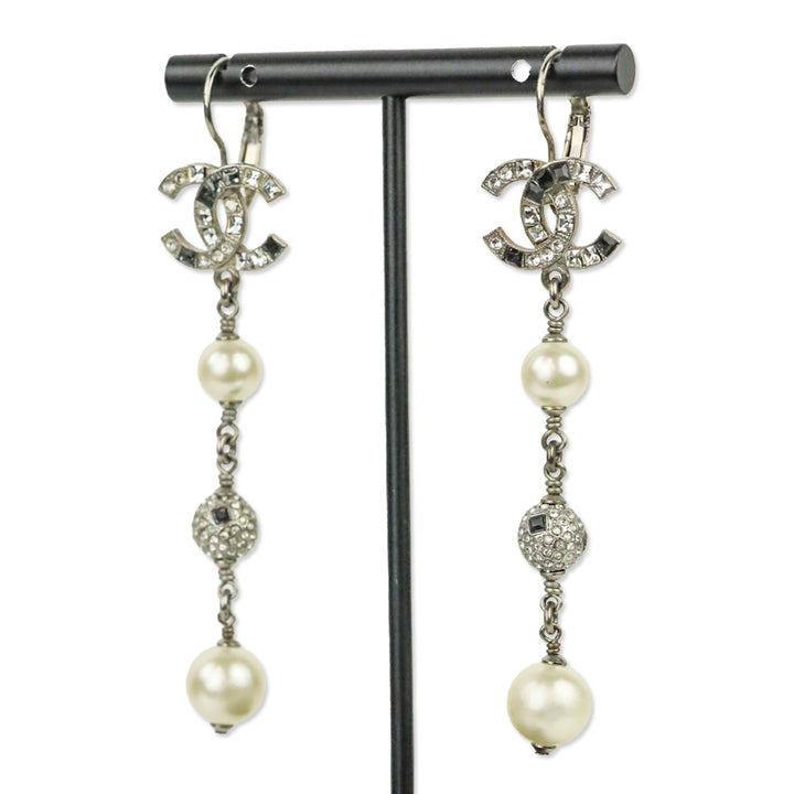 Chanel Faux Pearl & Strass CC Drop Silver Tone Earrings