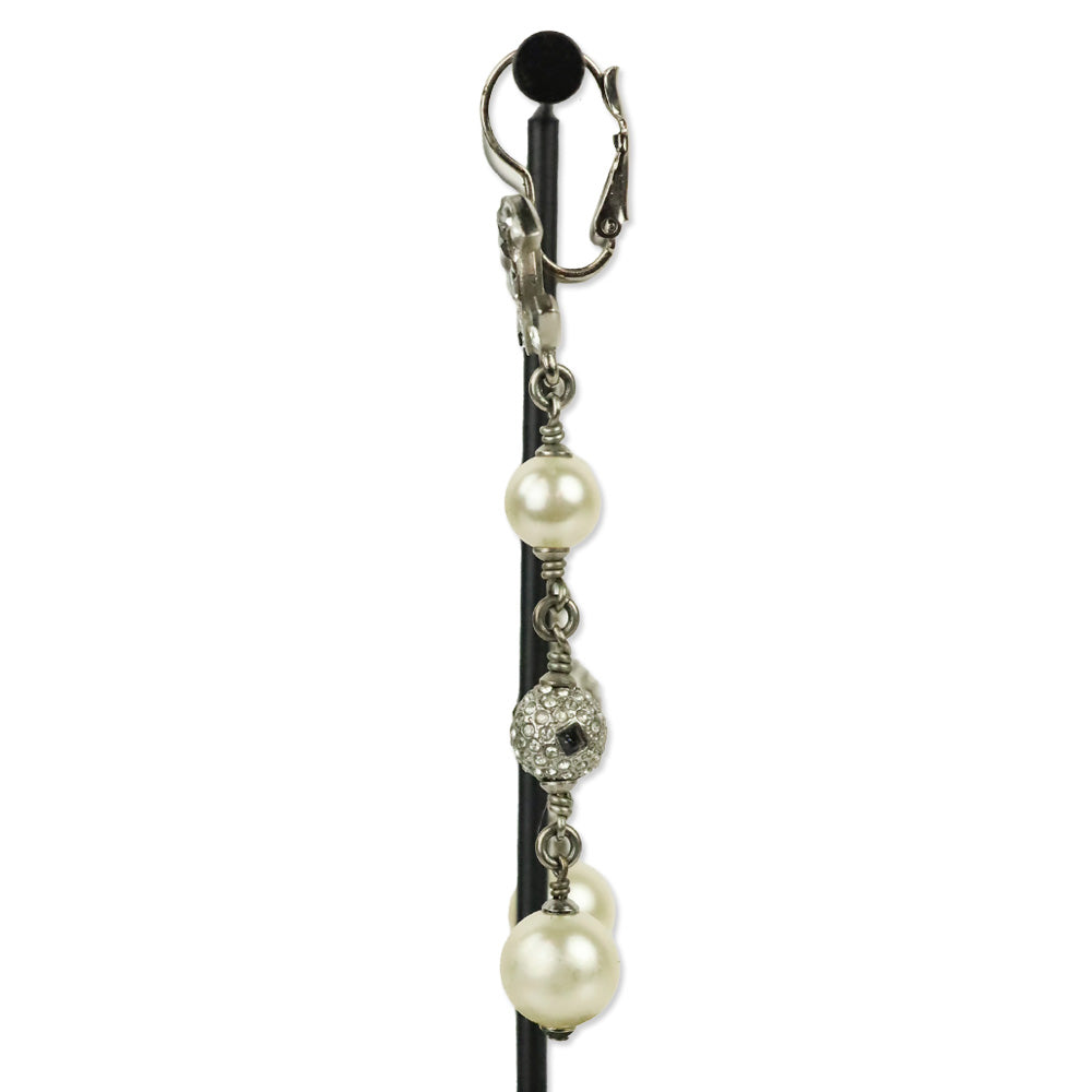 Chanel Faux Pearl & Strass CC Drop Silver Tone Earrings