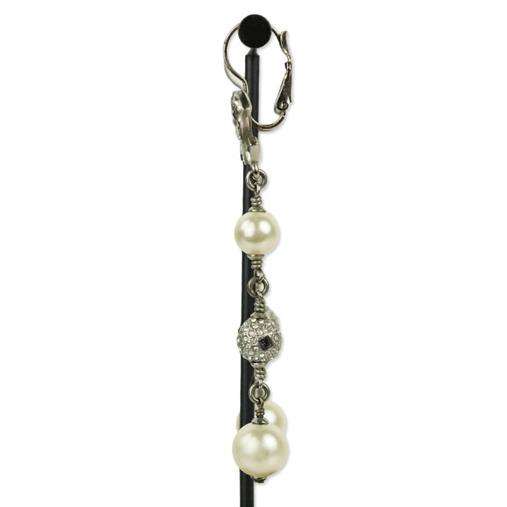 Chanel Faux Pearl & Strass CC Drop Silver Tone Earrings