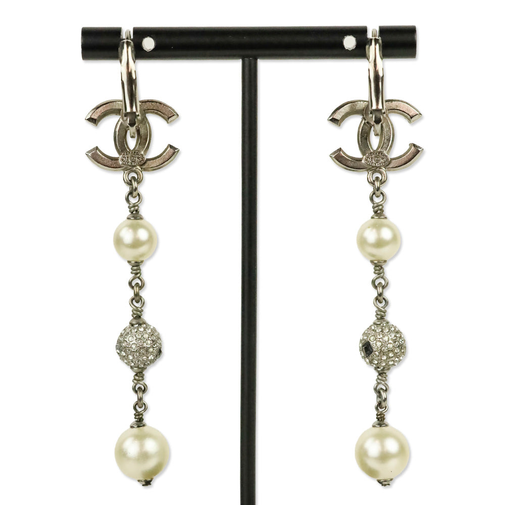 Chanel Faux Pearl & Strass CC Drop Silver Tone Earrings