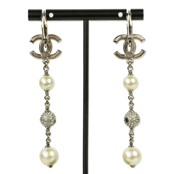 Chanel Faux Pearl & Strass CC Drop Silver Tone Earrings