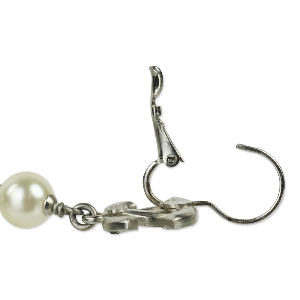 Chanel Faux Pearl & Strass CC Drop Silver Tone Earrings