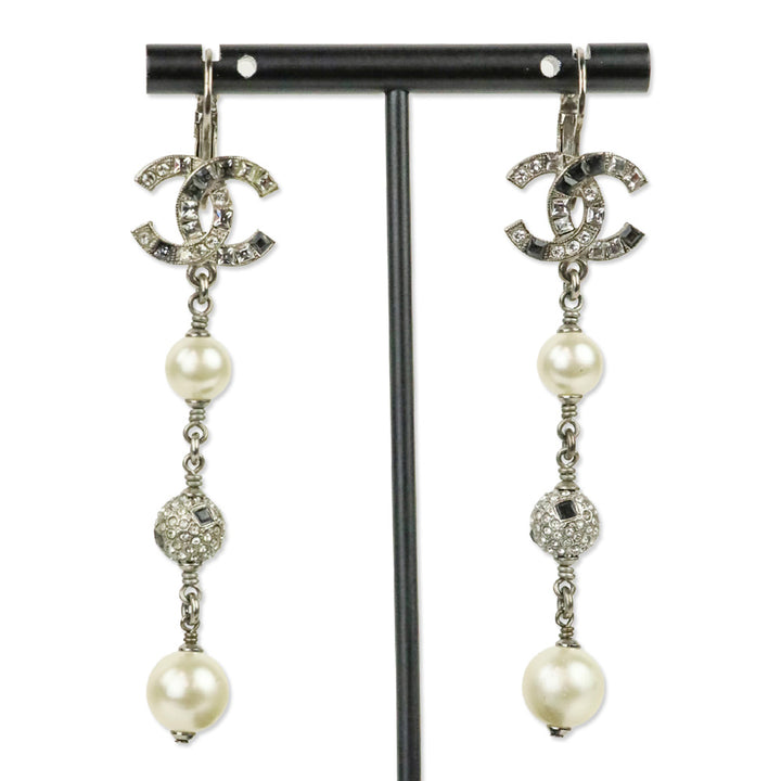 Chanel Faux Pearl & Strass CC Drop Silver Tone Earrings