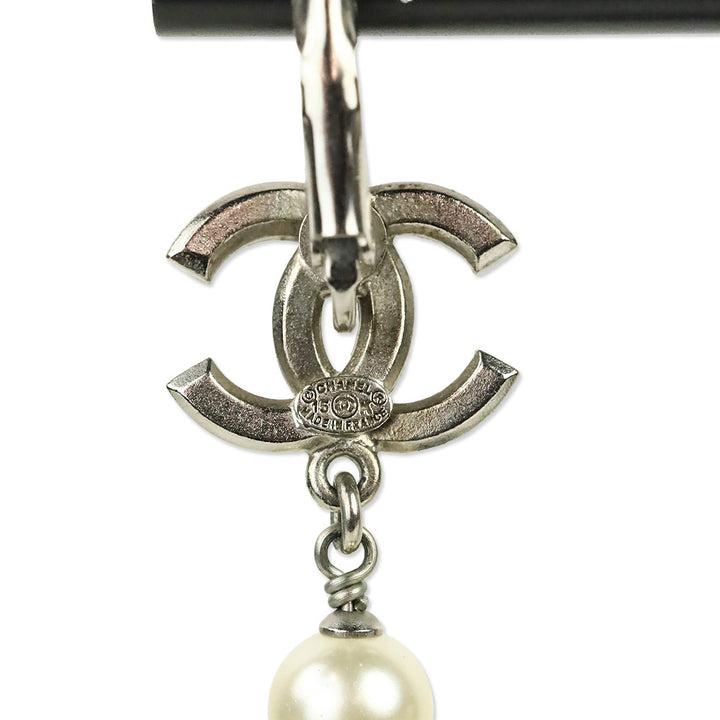 Chanel Faux Pearl & Strass CC Drop Silver Tone Earrings