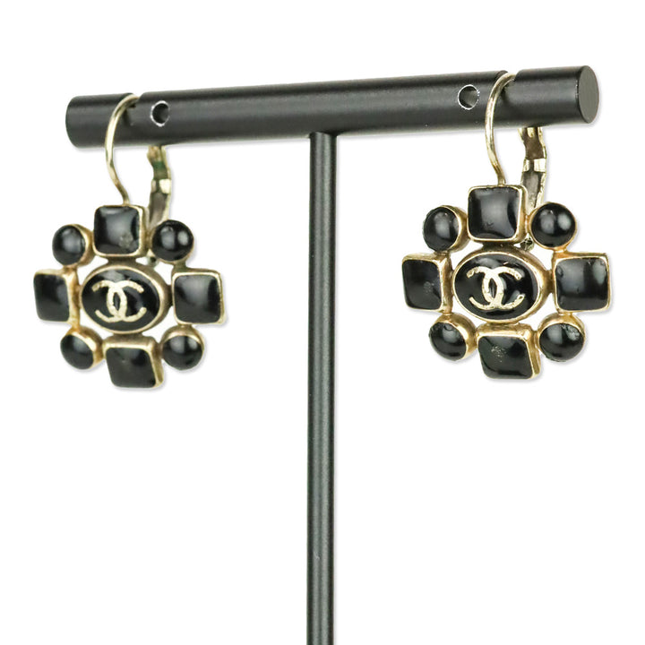 Chanel Gold Metal/Black Resin Flower CC Drop Earrings