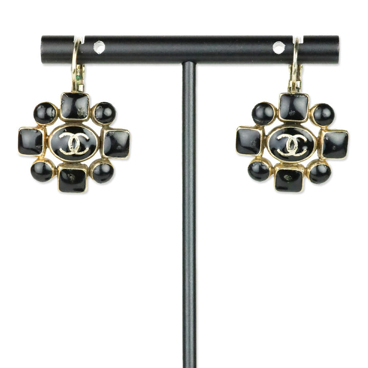 Chanel Gold Metal/Black Resin Flower CC Drop Earrings
