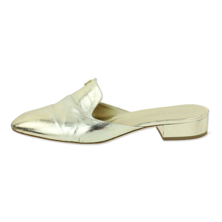 Chanel Gold Metallic Leather CC Logo Mules