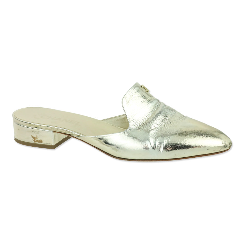 Chanel Gold Metallic Leather CC Logo Mules