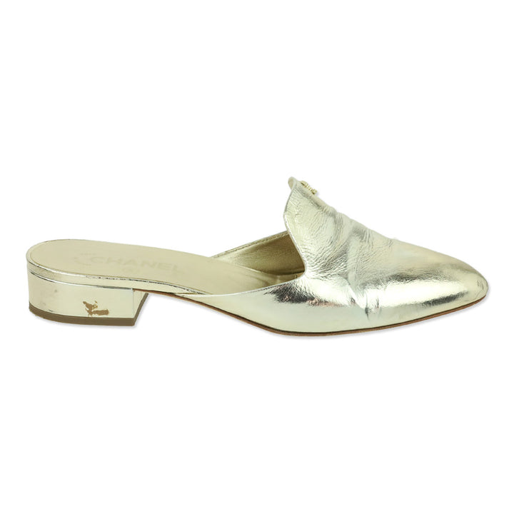 Chanel Gold Metallic Leather CC Logo Mules