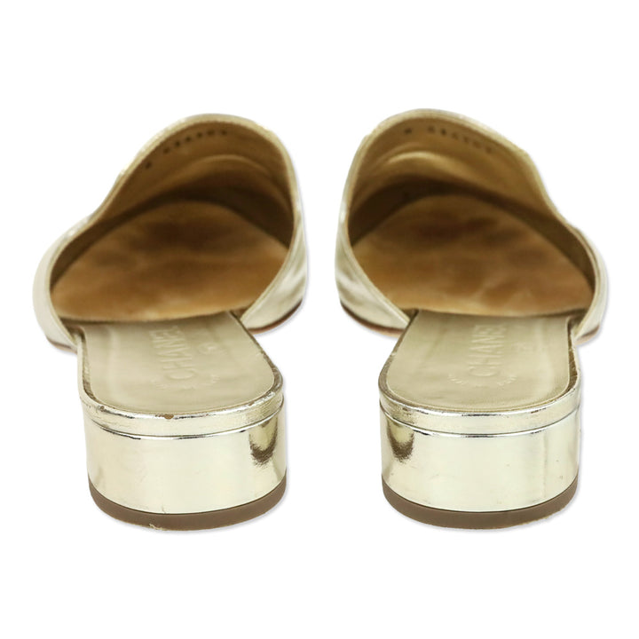 Chanel Gold Metallic Leather CC Logo Mules