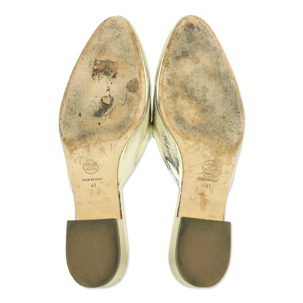 Chanel Gold Metallic Leather CC Logo Mules