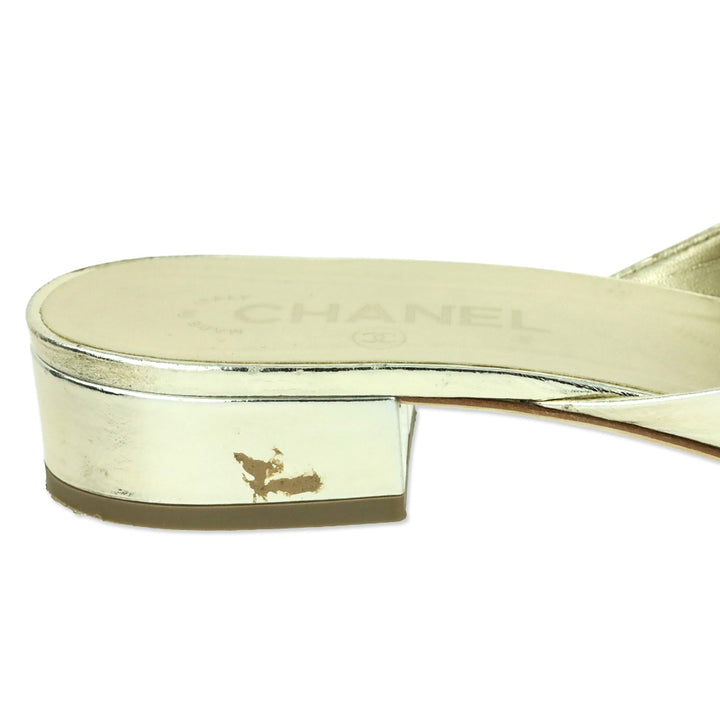 Chanel Gold Metallic Leather CC Logo Mules