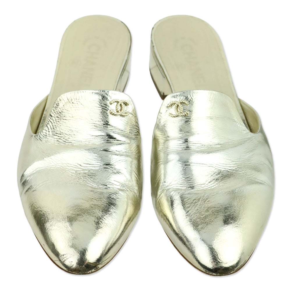Chanel Gold Metallic Leather CC Logo Mules